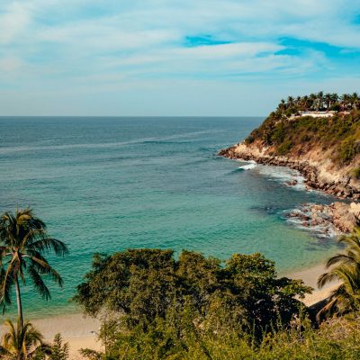 Aerial view of lush greenery on the cliff overlooking the sea in Puerto Escondido, Mexico